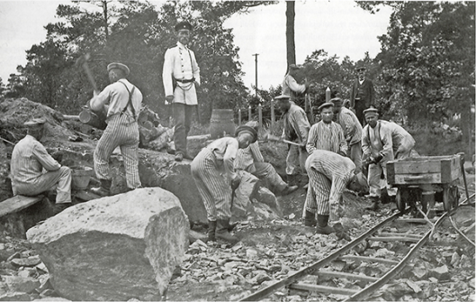 Vanha mustavalkoinen kuva, jossa kymmenisen miestä tekevät kivikossa hakut kädessä rakennuksen perustustöitä.